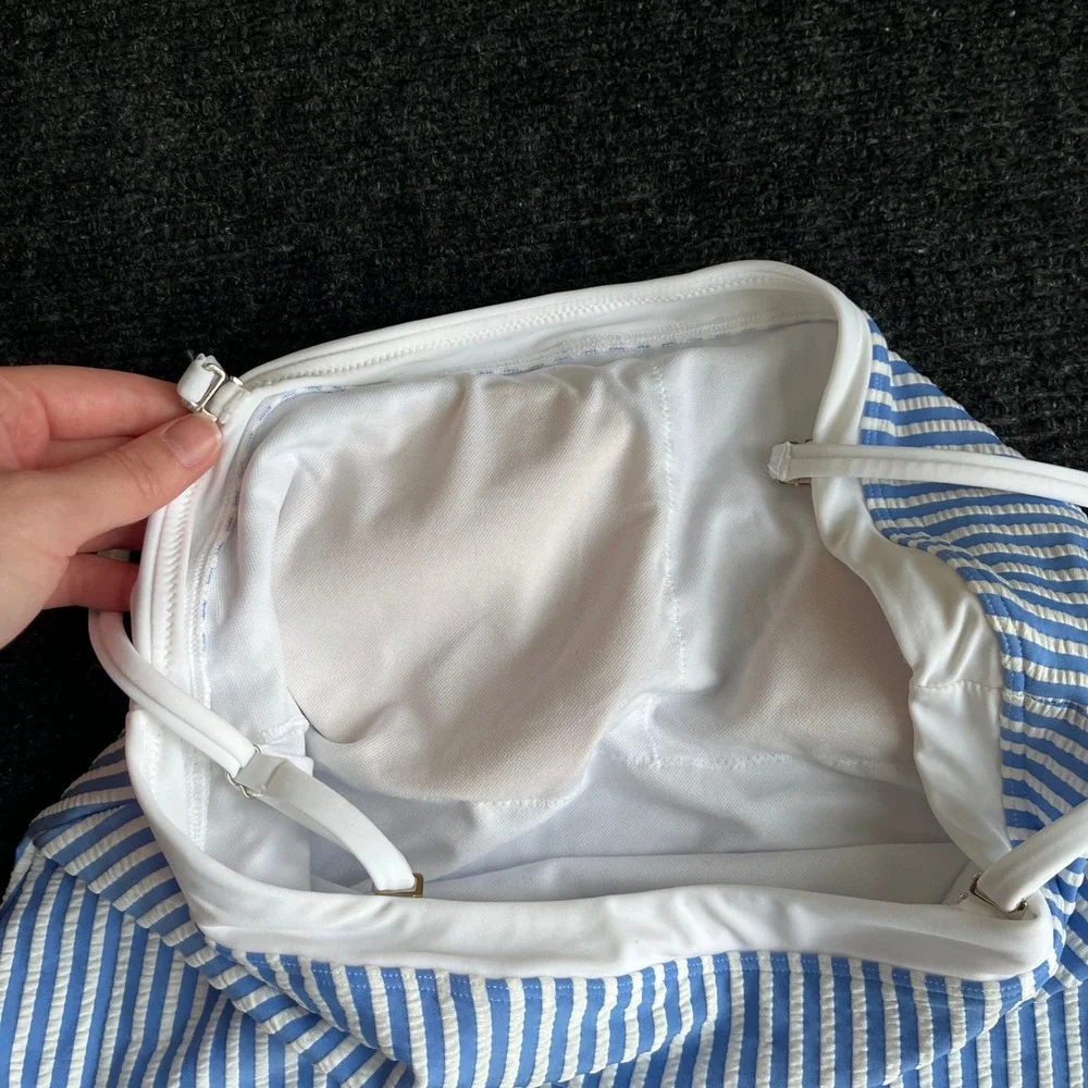 Abercrombie & Fitch 1 Piece Swimsuit Womens L Blue White Seersucker Striped NWOT